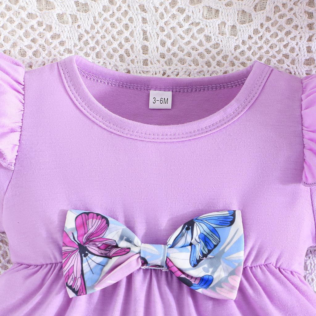 New Summer Baby Girl Flying Sleeve Solid Color Top + Butterfly Print Long Pants Two-Piece Set