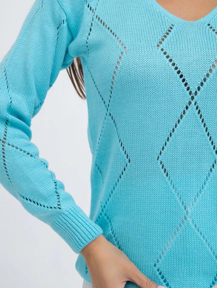 European & American V-Neck Plaid Knit Sweater - Women's Long Sleeve Loose Fit