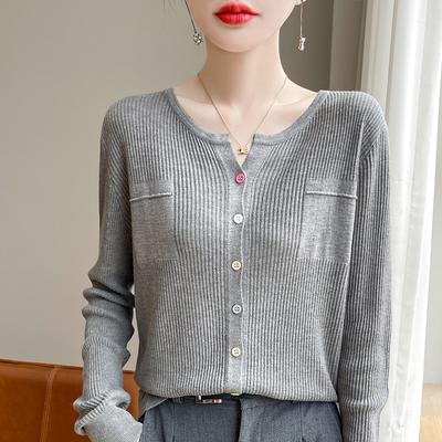 Frühling und Herbst Neu Koreanischer Woll V-Ausschnitt Strickjacke Damen Farbe Schnalle Fake-Taschen Design Sinn Dünne Jacke Pullover