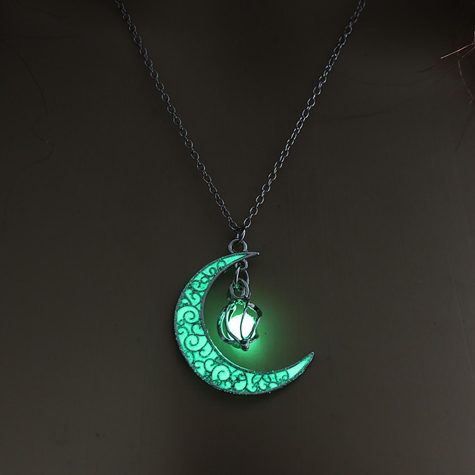 

Moon Glowing Necklace Silver Color Charm Luminous Pendant Necklace Women Moon Glowing Stone Necklaces Jewelry Christmas Gifts зелений