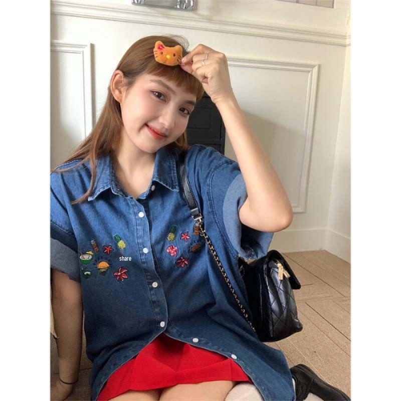 Spring 2026 American Retro Floral Embroidered Denim Jacket with Lapel Short Sleeves XL синий
