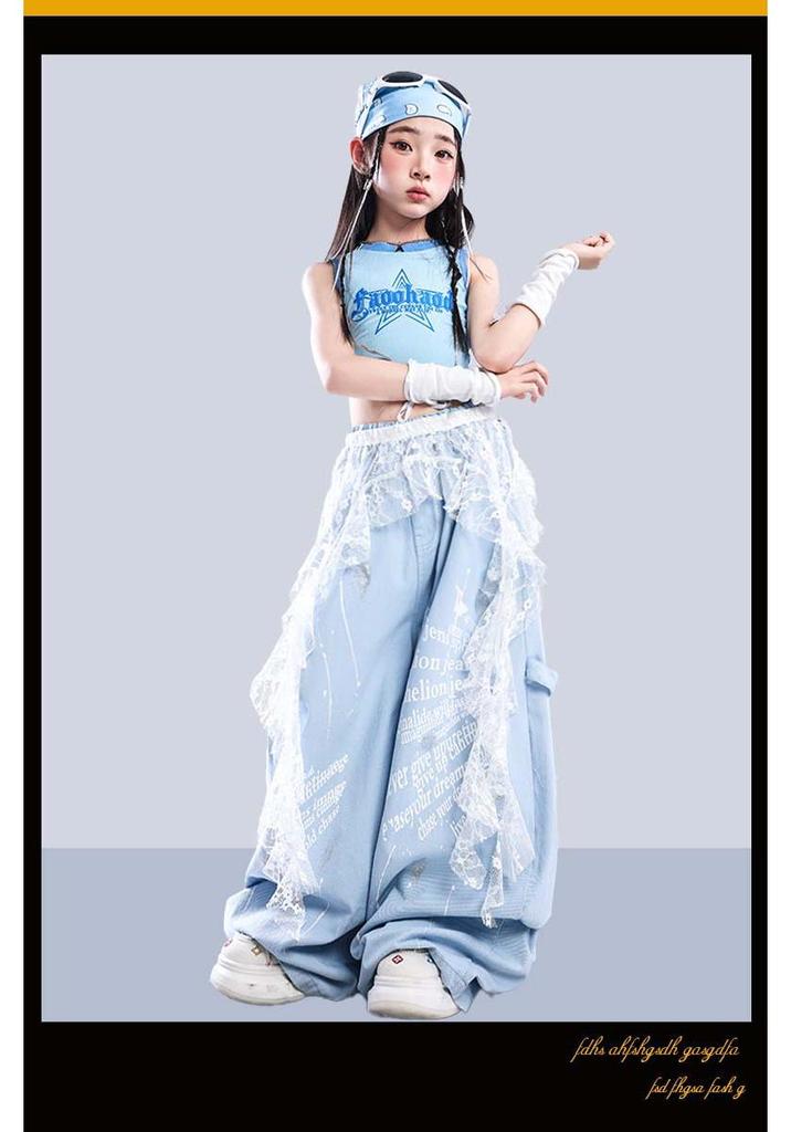 Trendy Blue Jazz Dance Costumes for Girls - Fashionable Performance Outfits for Children's Fashion Shows