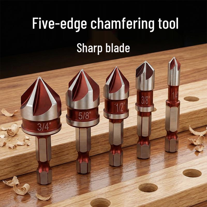 Wine Red 6pc 5-Flute Chamfering Tool & 3pc Woodworking Hole Opener Set