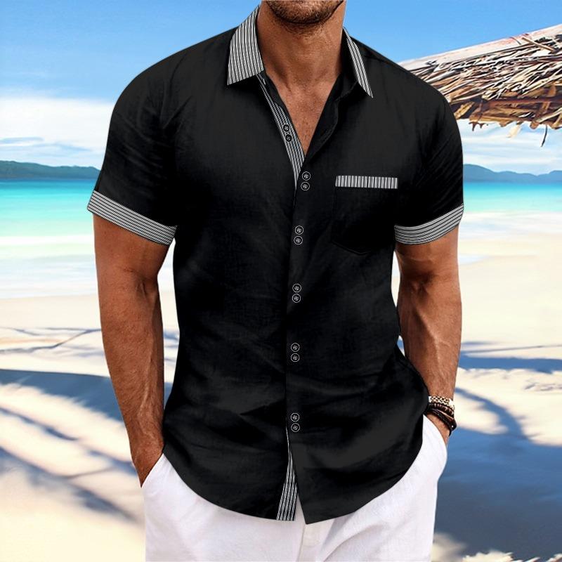 Men's Korean-Style Fashion Slim-Fit Shirt | Striped Double-Button Casual Short-Sleeve Top