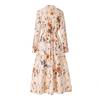 Womens French Country Floral Print A-Line Dress With Puffed Sleeves V-Neck High Waist
