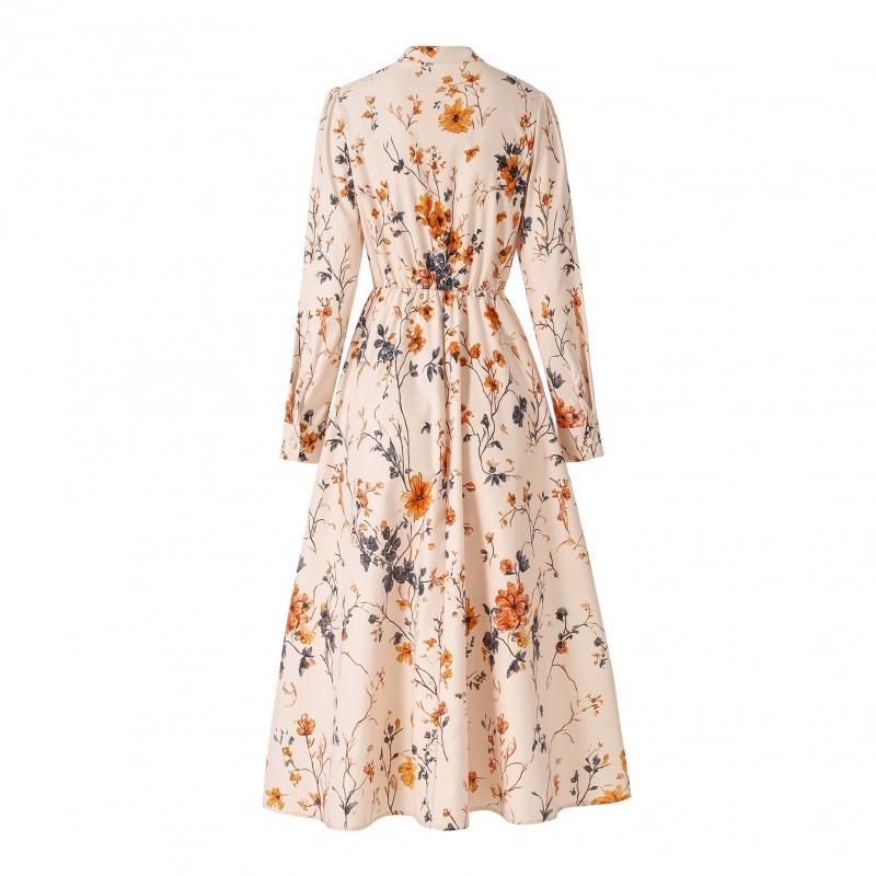 Womens French Country Floral Print A-Line Dress With Puffed Sleeves V-Neck High Waist