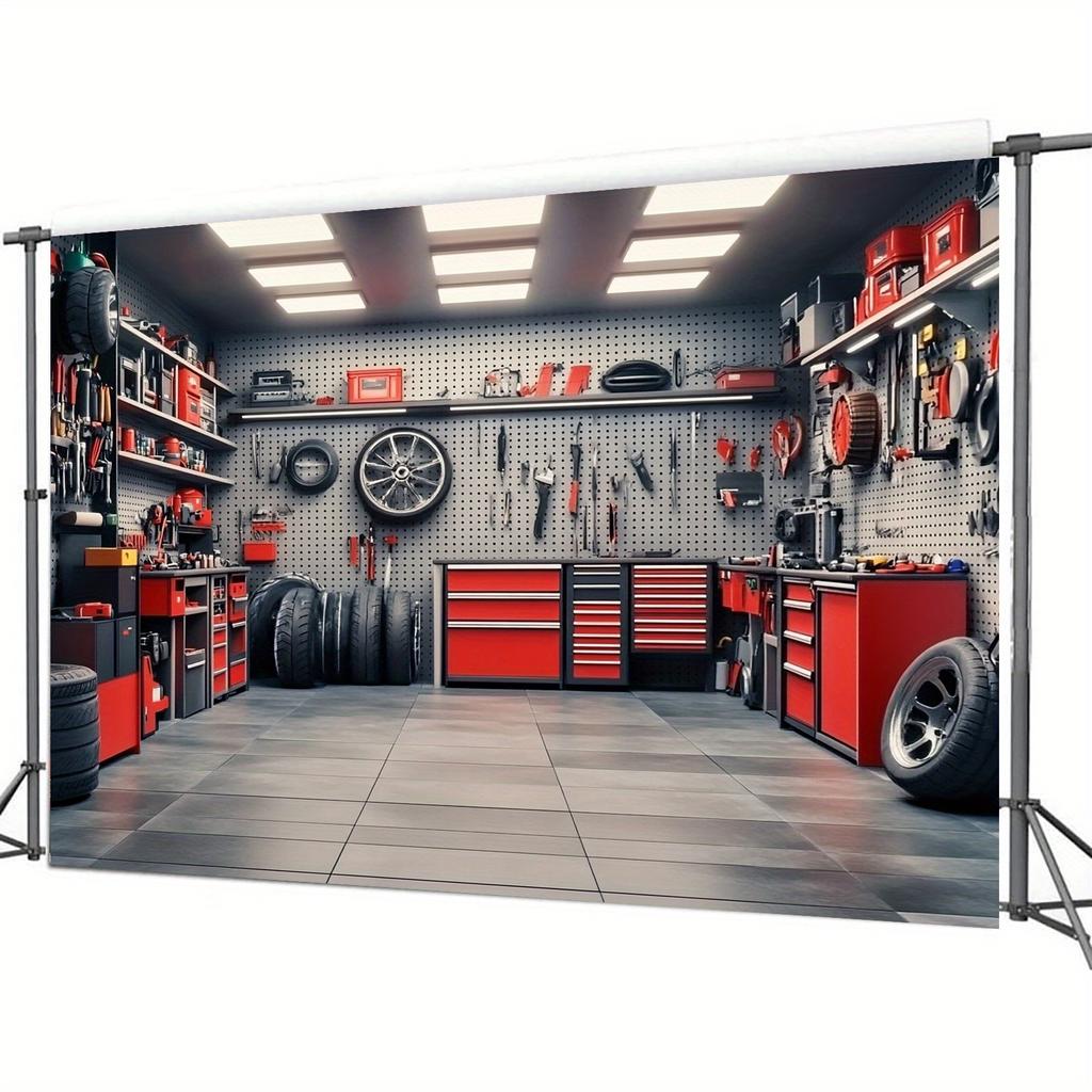 1 piece of maintenance theme 2D party polyester background garage red toolbox suitable for mechanical decoration