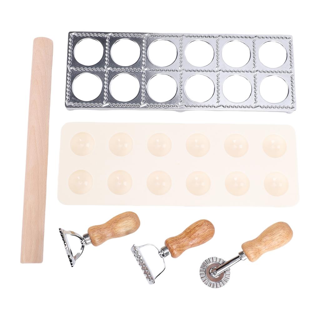 Pasta Making Tools Kit 12 Hole Ravioli Stamp Maker Pasta Cutter Wood Pasta Rolling Pin for Kitchen