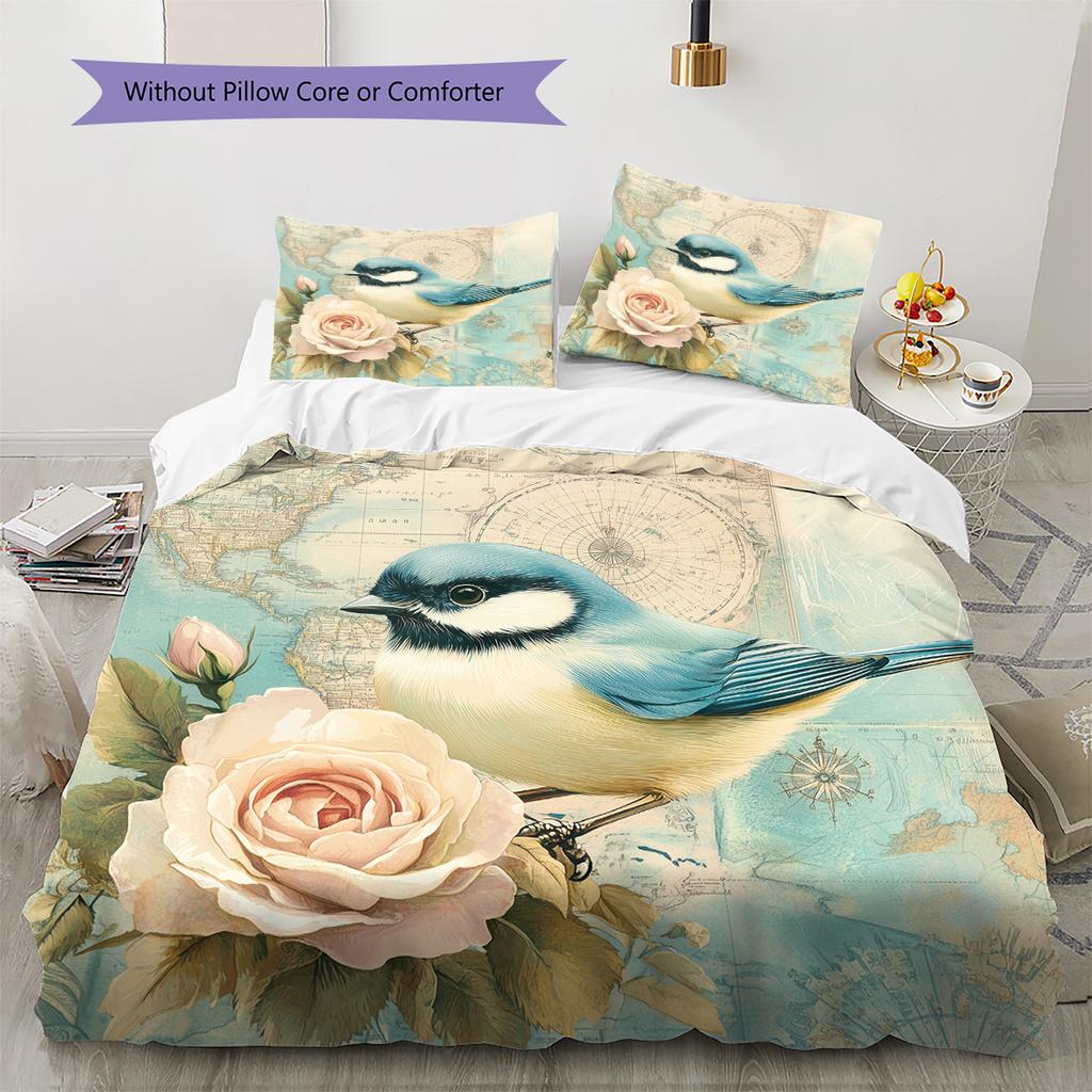 Map Flower Bird Pattern Bedding Quilt Set  Home Decoration  Gift (1 * duvet cover + 2 * pillowcase  without core)