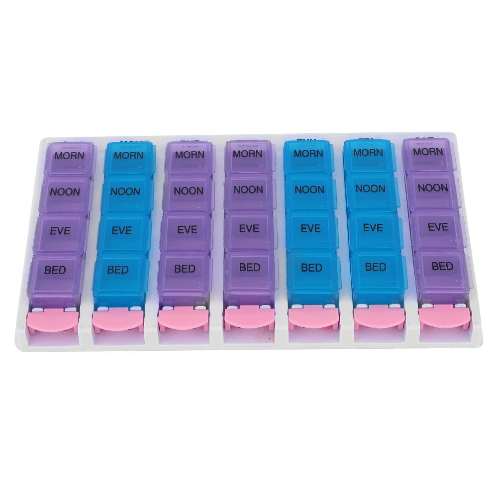 7 Days 4 Times a Day 28 Compartments Pill Box Medicine Organizer with Push Button (Blue Purple)