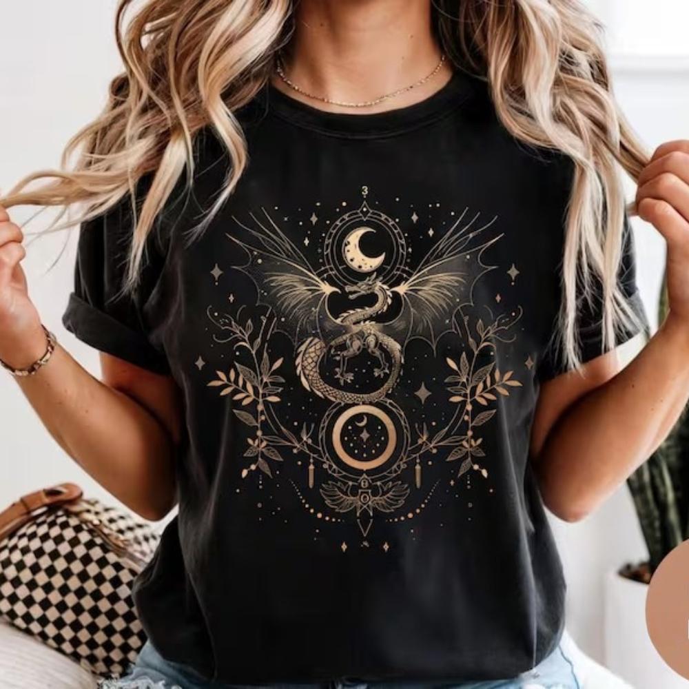 Celestial Dragon Moon Phase T-Shirt Witchy Boho Floral Tee Gothic Style Women Fashion Casual Tshirt Retro Design Printed Tops