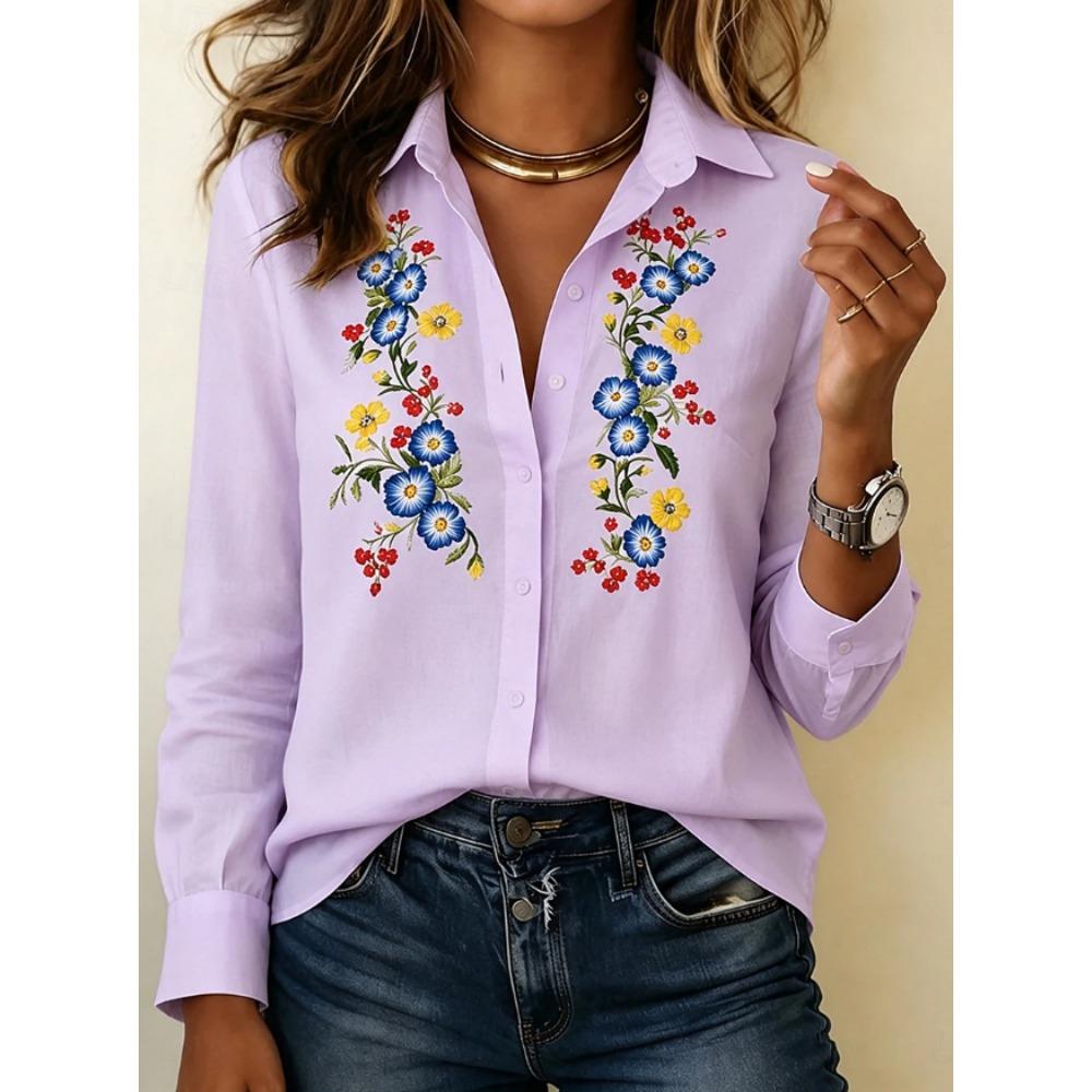 Floral Print Women Blouse Spring Autumn Femme Office Lady Button Up Turn Down Collar Shirts