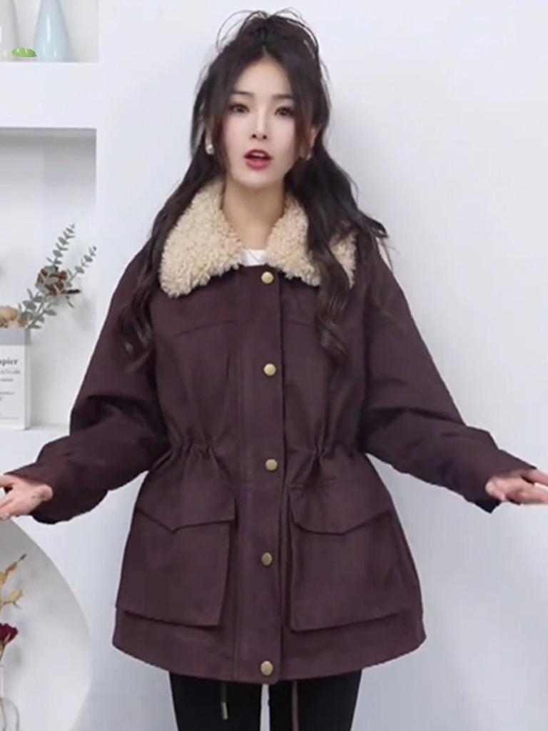 2024 Petite Women's Korean Style Patchwork Lambswool Cotton Parka - Casual, Versatile, and Thickened for Autumn/Winter