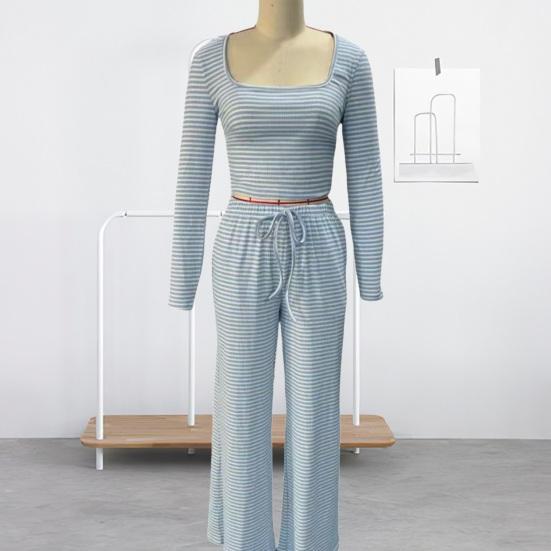 Dámské pruhované dvoudílné outfity Top s dlouhým rukávem a čtvercovým výstřihem, zkrácený střih Kalhoty se širokými nohavicemi se stahovací šňůrkou Ležérní soupravy tepláků pro volný čas