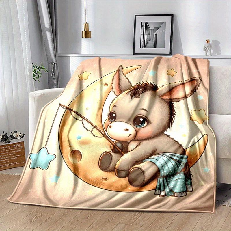 1pc Moon Donkey Printing Lightweight Flannel Blanket, Comfortable and Warm Blanket, for Camping Sofa Bed and Couch Office, Suitable for Gift Blankets