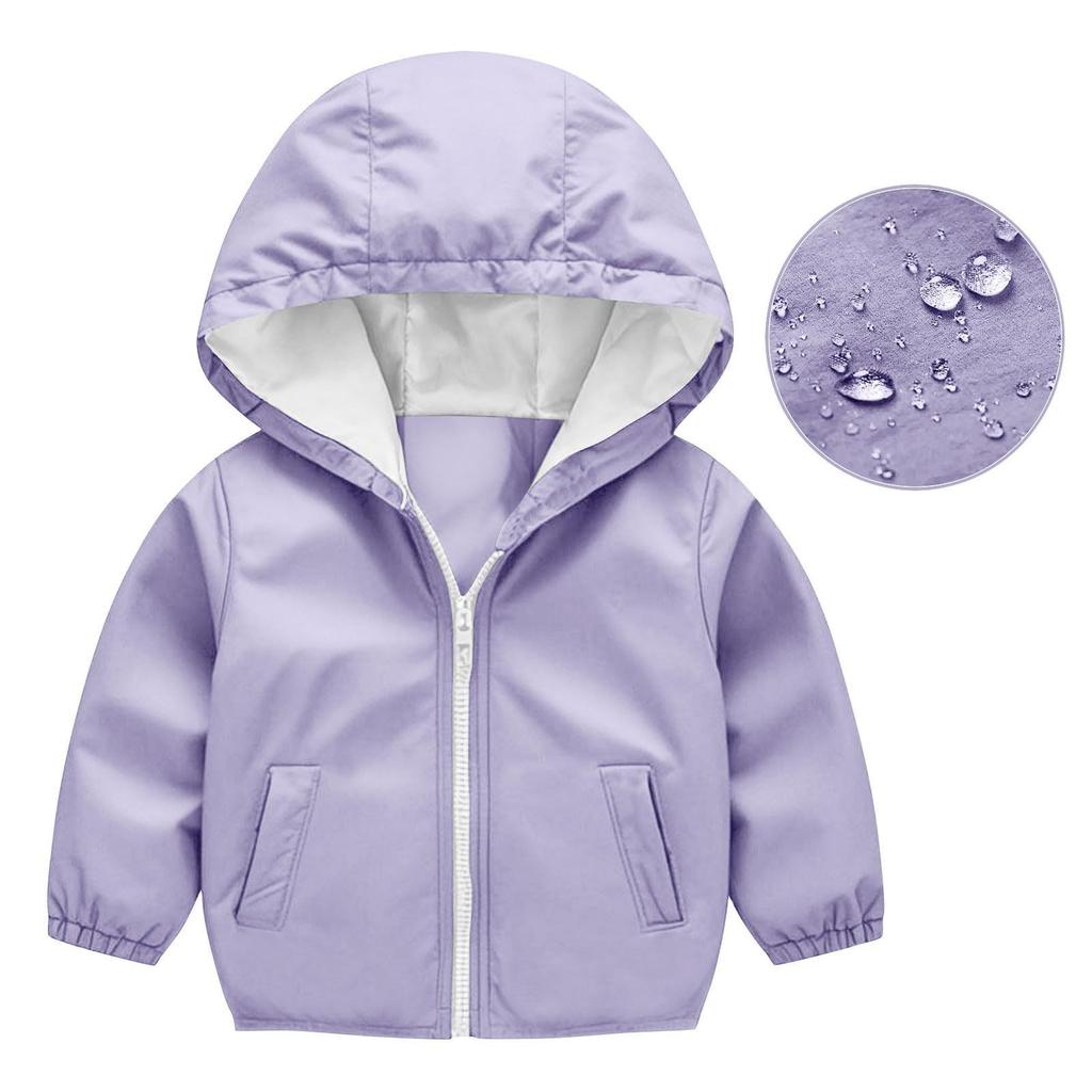 Kinder Mode Einfarbiger Cardigan Jungen- und Mädchen-Wasserdichter Regenmantel mit Kapuze Outdoor Winddichte Reißverschlussjacke