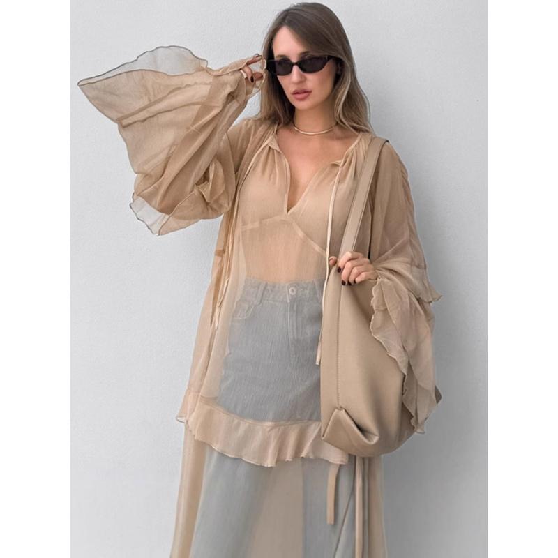 Khaki Spring-Summer New Ruffle Dress Fashion Sun-Protective Long Dress For Women