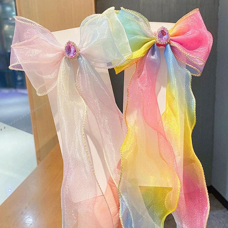 Girls Cute Elegant Mesh Bow Ribbon Hair Clip With Faux Pearl Tassel Crystal Decoration Colorful Chiffon Headwear For Party Kids
