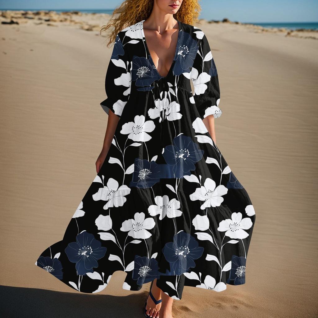 Women's Summer Fashion V-neck Retro Floral Print Short Sleeved Beach Dress With Lace Patchwork Dress