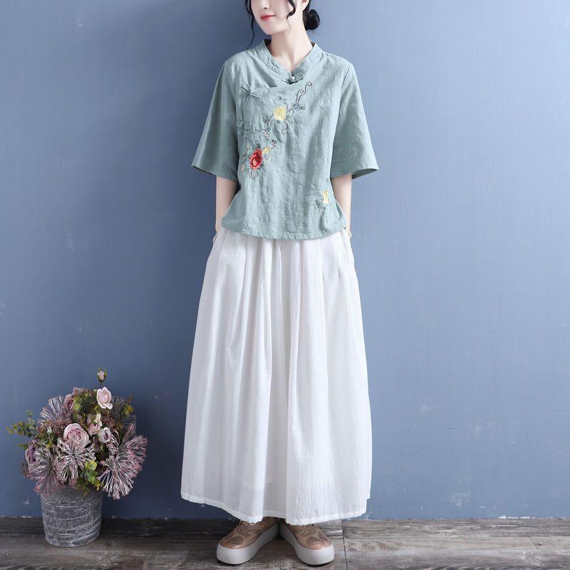 Damen Frühling Sommer Locker Dünner Abschnitt Baumwolle Leinen Ethnischer Stil Stehkragen Stickerei Vintage Teller Schnalle Überkopf Mittellang Ärmel Hemd