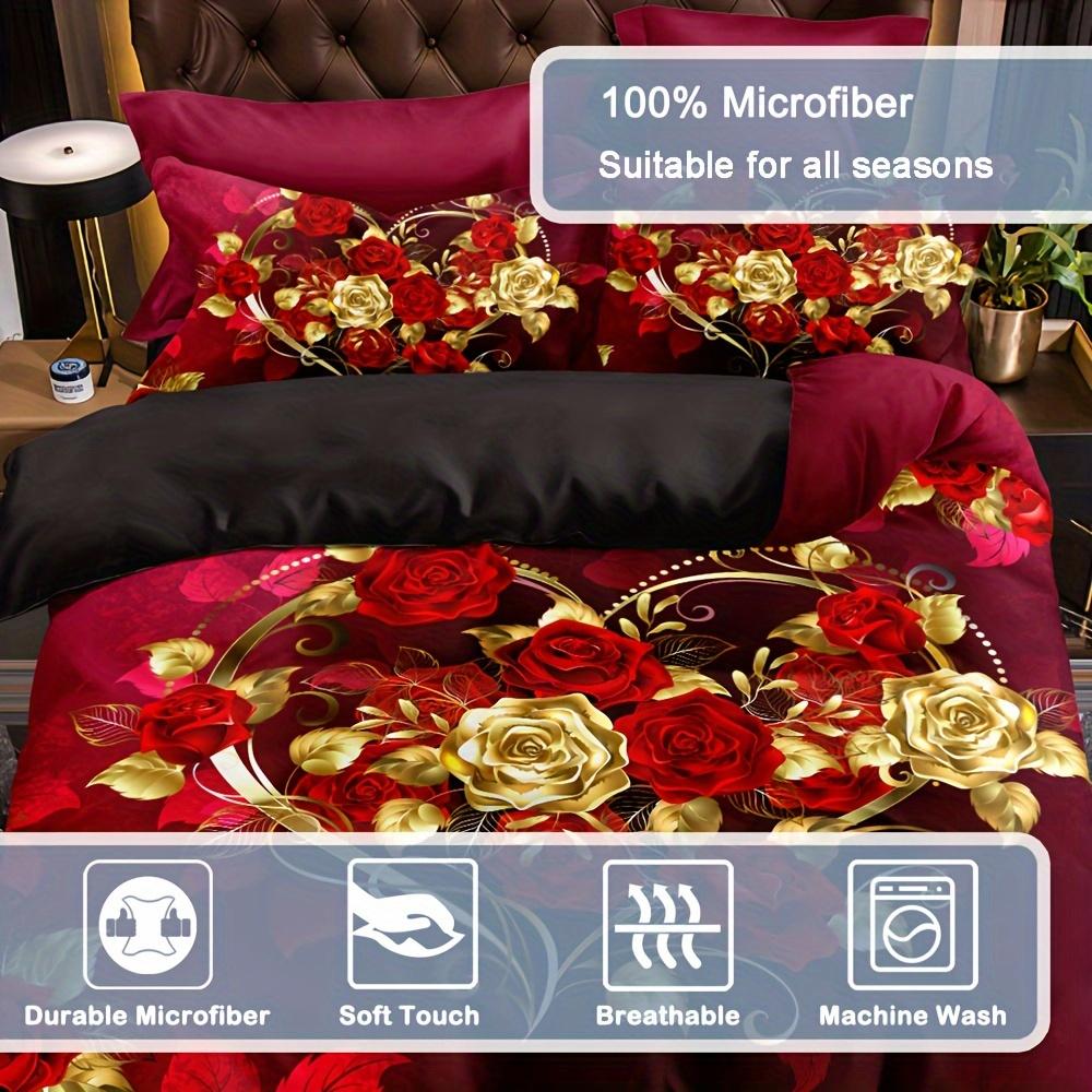 Luxusní klasická sada povlaků na přikrývku 1* povlak na přikrývku + 2 * povlak na polštář Love Rose Print Sada ložního prádla Měkký pohodlný povlak na přikrývku do ložnice
