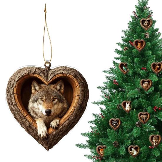 Heart-Shaped Animal Christmas Ornament 2D Flat Acrylic Forest Animal Decoration Woodland Pendant for Xmas Tree Decor Animals Lovers Gift