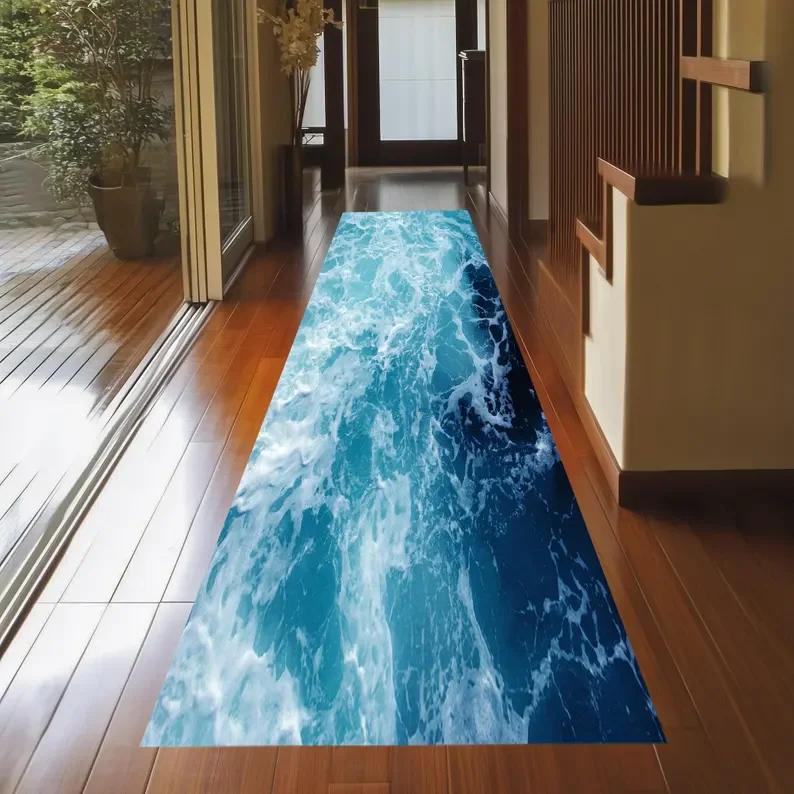 3D Ocean Scene Corridor Carpet Beach Wave Design Ultra Soft Washable Non Slip Stain Resistant Mat for Hallway Bedroom Home Decor