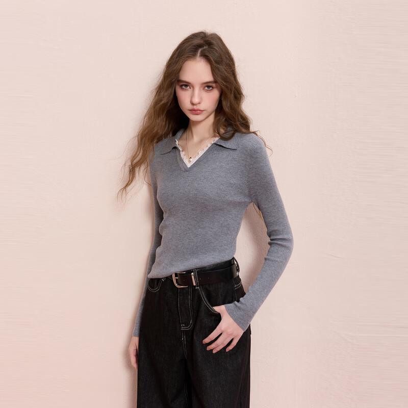 

Sancai Women s Slim-fit Lace Trim V-neck Long-Sleeve Knit Top S 155/80A