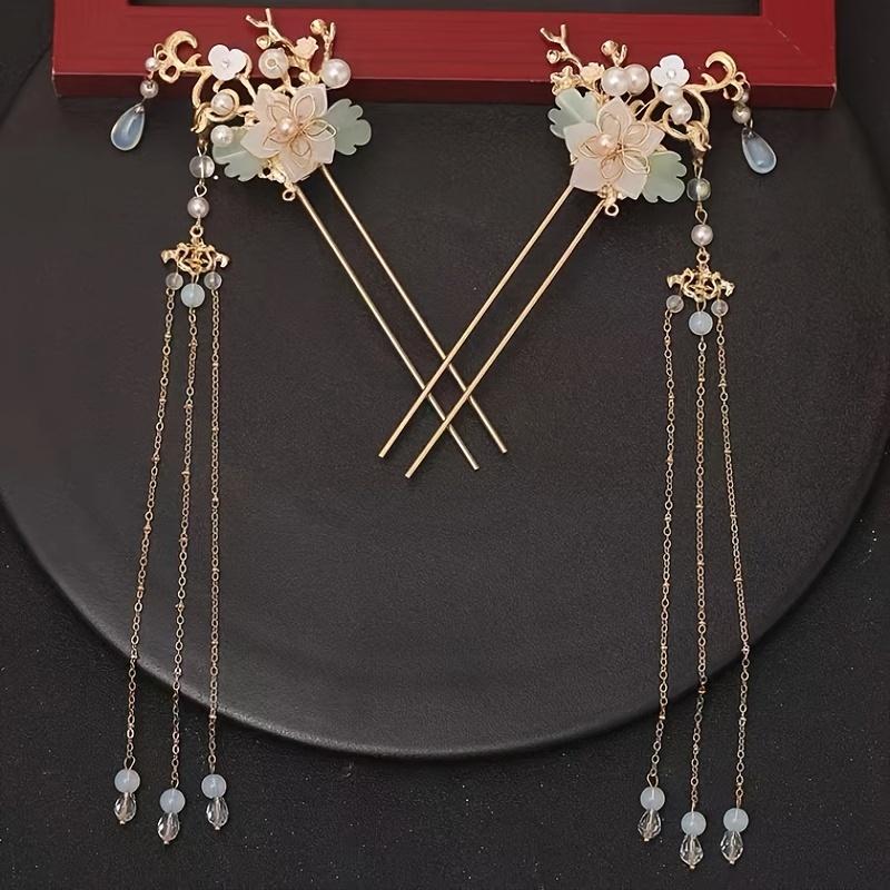 Crystal Flower Tassels Hairpin Headband Set For Girl Women Bride Chinese Style Hanfu Wedding Bridal Hair Accessories Jewelry Pin