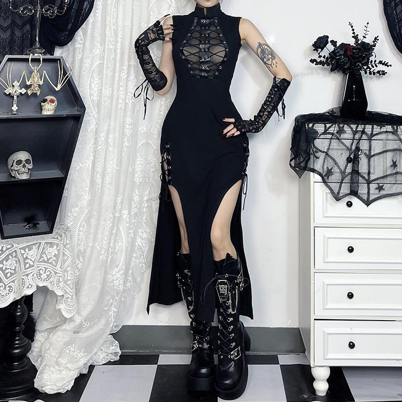AltGoth Cyber Punk Gothic Dress Women Harajuku Dark Grunge Mesh Patchwork See Through Bandage Sleeveless Dress Clubwear Female