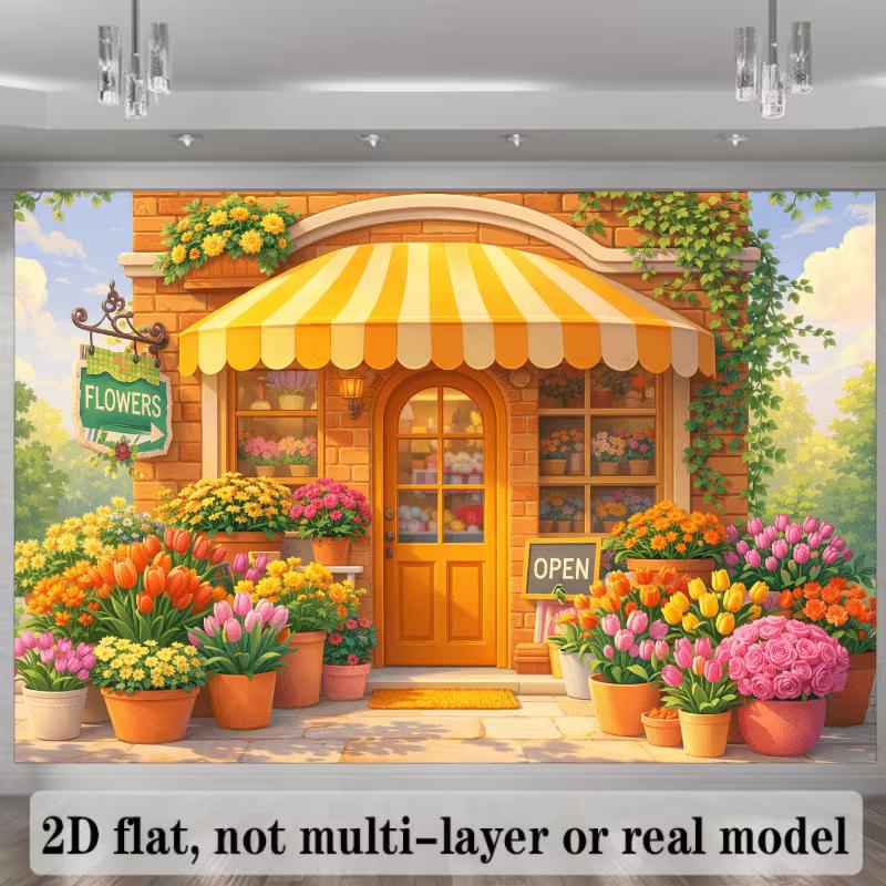2D Colorful Tulip & Rose Flower Shop Banner, Yellow Awning Florist Wall Hanging for Photo Booth