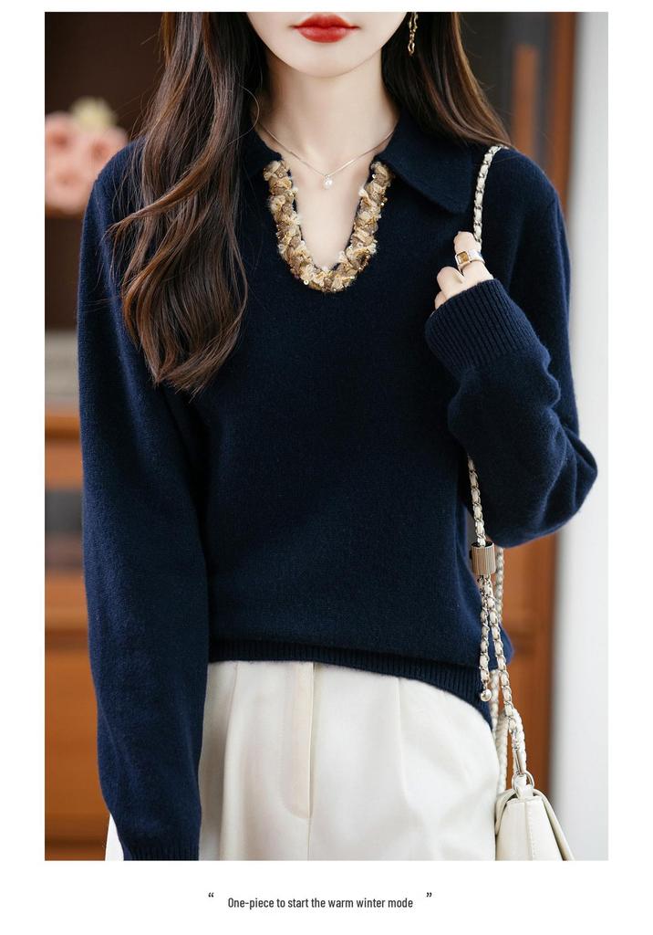 Women's V-Neck Rhinestone Embellished Long Sleeve Polo Collar Sweater