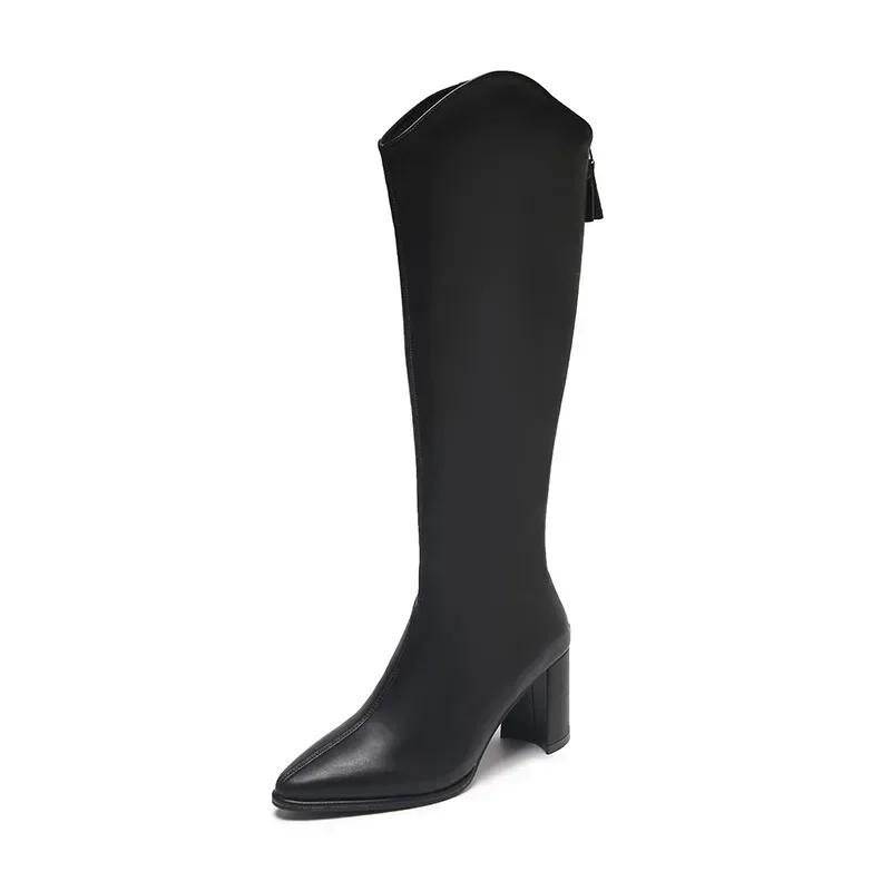 Soft Pu Leather Knee-High Boots Women 2024 Winter Short Plush Thick Heels Long Boots Woman Black Back Zipper Knight
