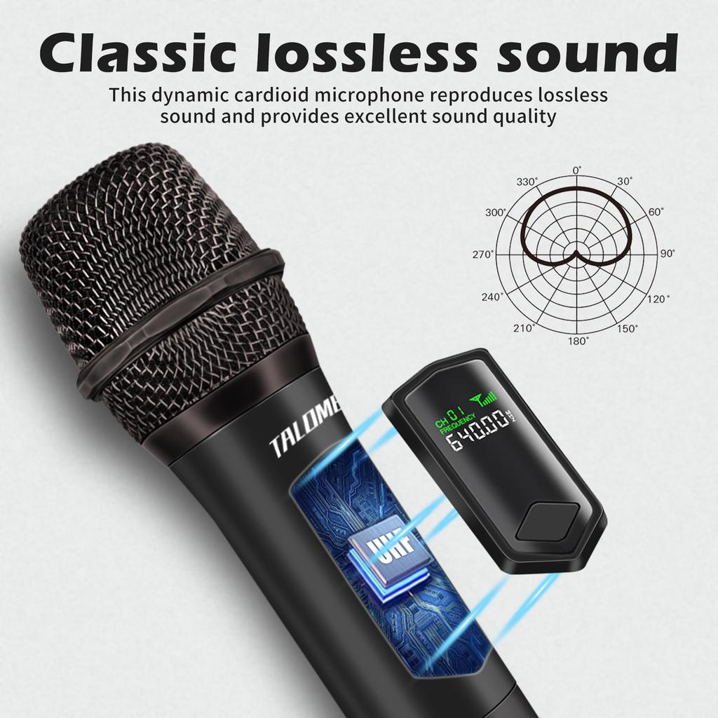 TALOMEN K602 Wireless Karaoke Microphone, Moving Coil Microphone with 6.35mm Receiver, 50M Range, 10 Hours of Battery Life, Wireless Microphone Kit