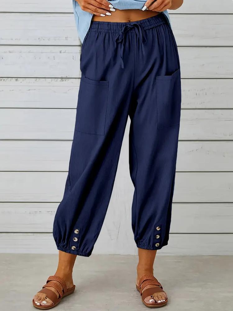 Women Capri Pants Drawstring High Waist Trousers Wide Leg Cropped Pants with Pockets