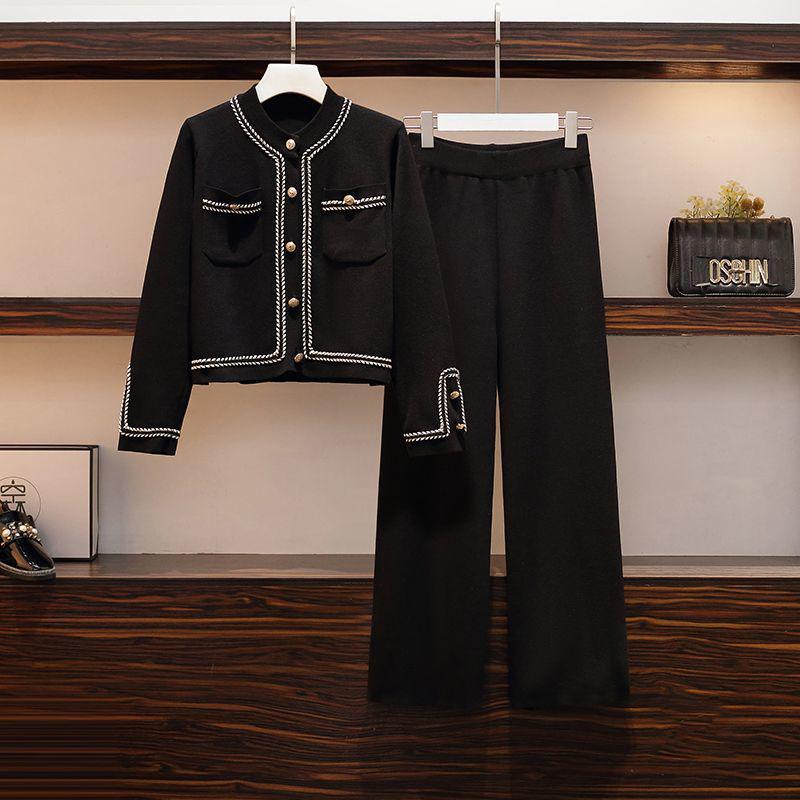 

Комплект из двух предметов больших размеров для женщин среднего и пожилого возраста на весну и осень - Ароматный стиль, топ с длинным рукавом и брюки широкого кроя (Подходит до 200 цзиней) 3XL