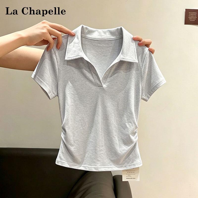 La Chapelle Women s Slim Fit Polo Neck Pleated Short Sleeve Top M