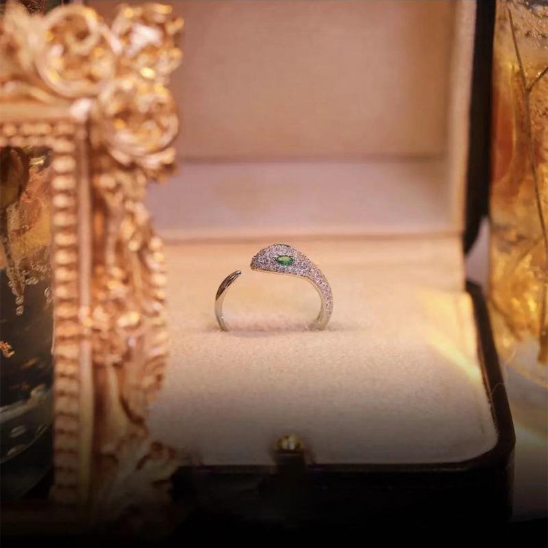 White Gold Plated Snake Design Open Ring with Full Diamond Pave Adjustable Open