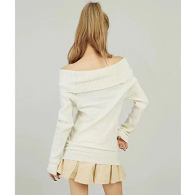 Vintage Elegant Streetwear Knitted Pullover Women Korean Fashion Sexy Bow Bandage Slant Neck Slim Fit Sweater Solid Color Chic