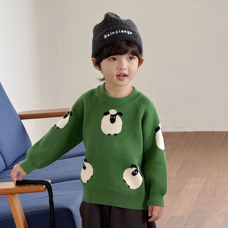 Boys' Round Neck Sweater, Children's Fleece-Lined Thickened Alpaca Wool Long-Sleeved Top, Winter Girls' Pullover Knitwear