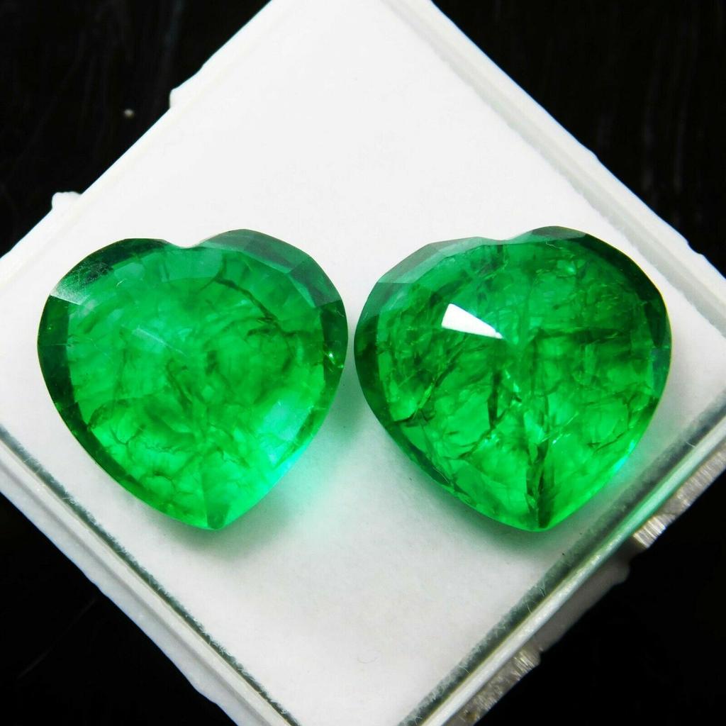 16 Ct Pair Natural Heart Emerald Green Shape Loose Gemstone CERTIFIED E-8hh 002