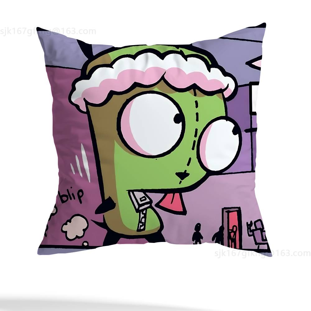 Green Invader ZIM Pillow Case Square Double-Sided Printing Short Plush Sofa Cushion Cover Bedroom Bedside Pillow
