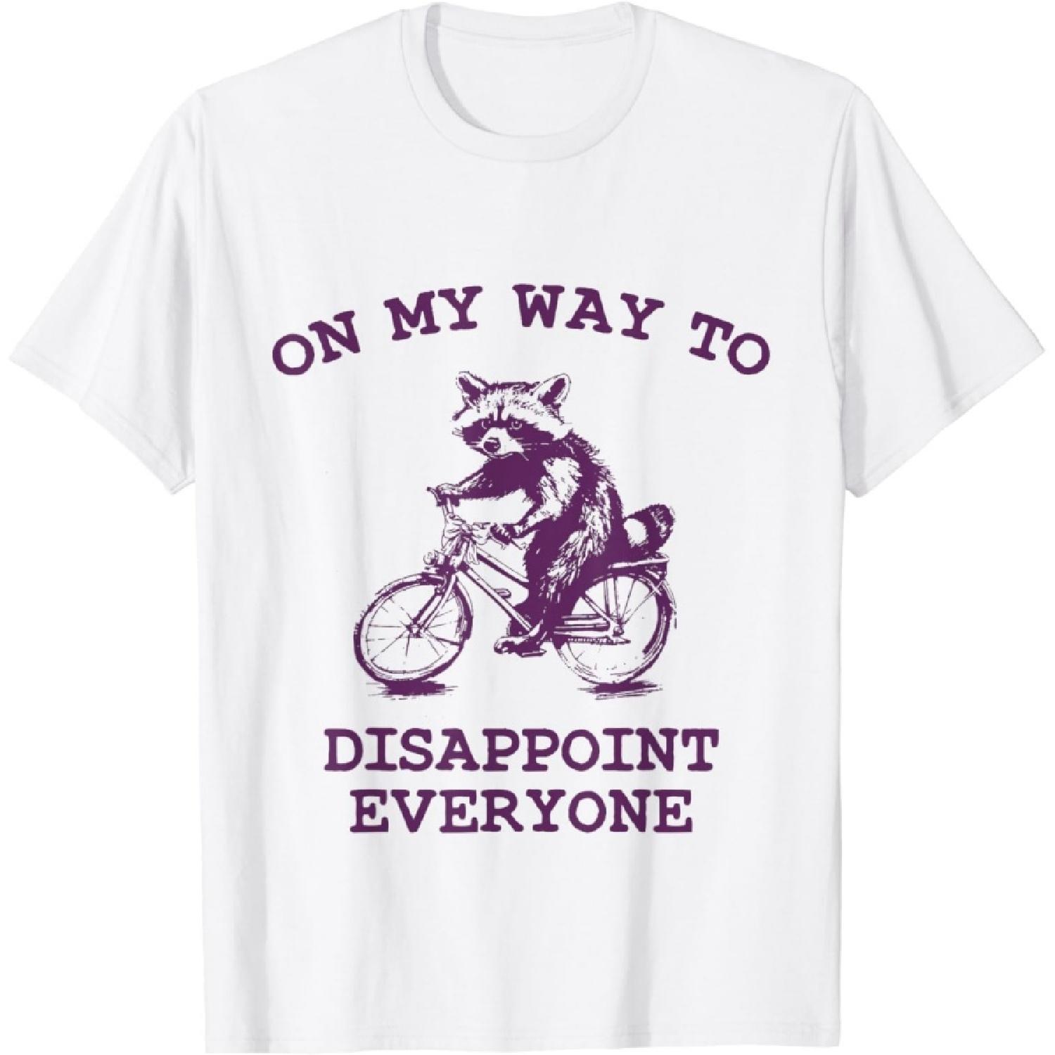 On My Way to Disappoint Everyone Funny Raccoon on A Bike T-Shirt 100% Cotton Crew Neck T-Shirt for Men Women XXXXXL белый