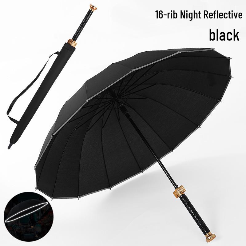Men's Reinforced Long Handle Umbrella with Reflective Strips - Trendy Design for Sun and Rain