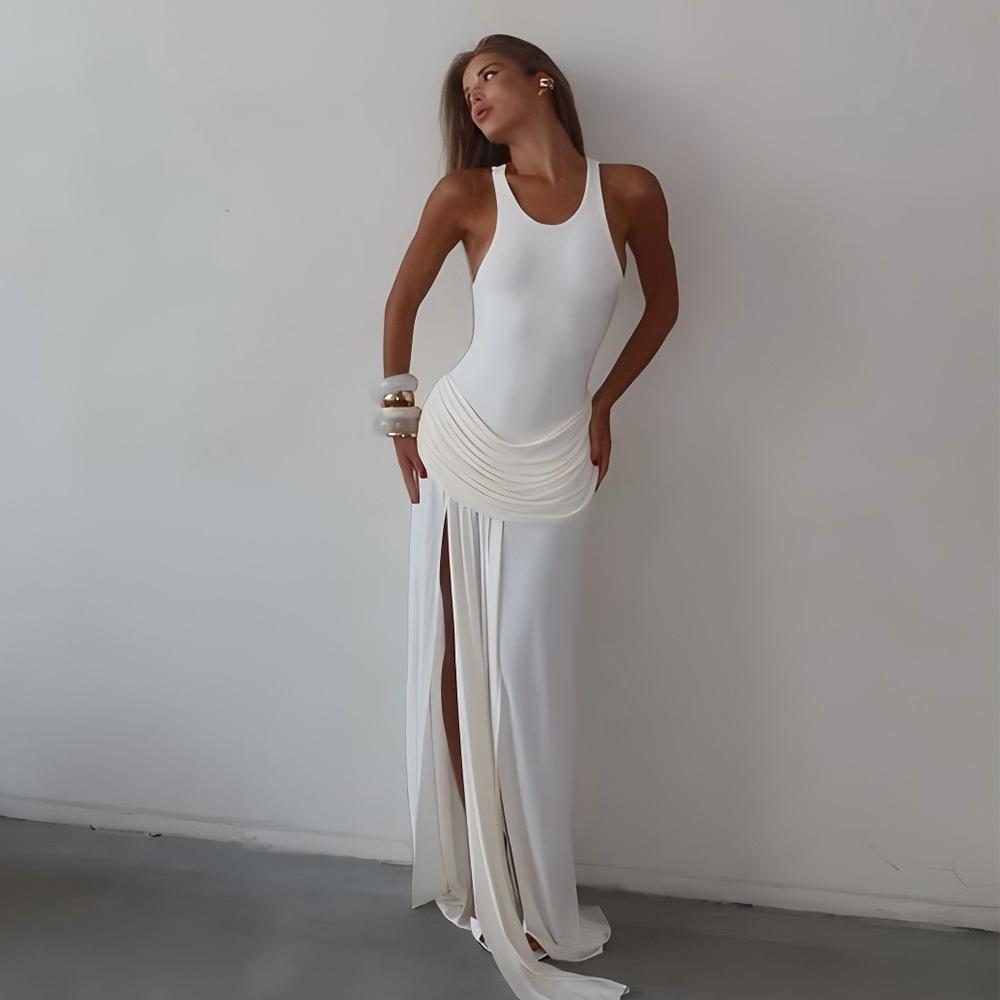 European and American summer elegant split pleated dress sexy sleeveless solid color floor mopping dress