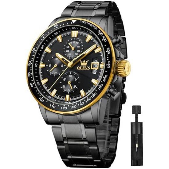 Orologio da polso OLEVS da uomo al quarzo elegante multifunzione acciaio inossidabile impermeabile luminoso data analogico maschile moda studente azienda uomo nero