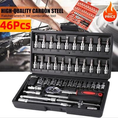 Hot 46Pcs 1/4" Drive Socket Wrench Set, Ratchet Screwdriver & Bit Kit, Carbon Steel, Auto Repair Hand Tool Set with Storage Case