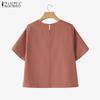 ZANZEA Women Casual Round Neck Summer Short Sleeve Plain Blouse