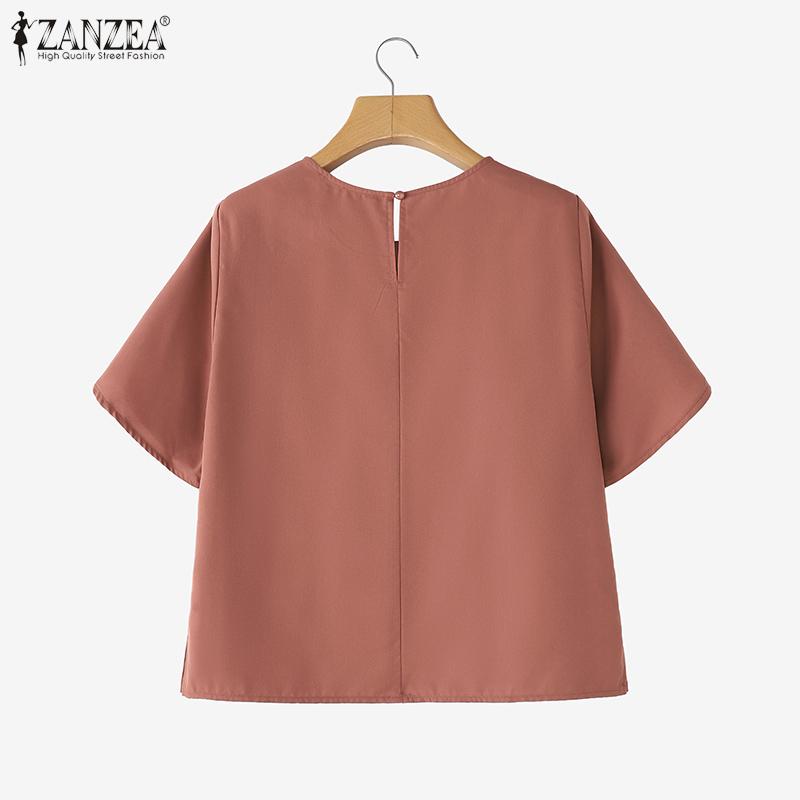 ZANZEA Women Casual Round Neck Summer Short Sleeve Plain Blouse