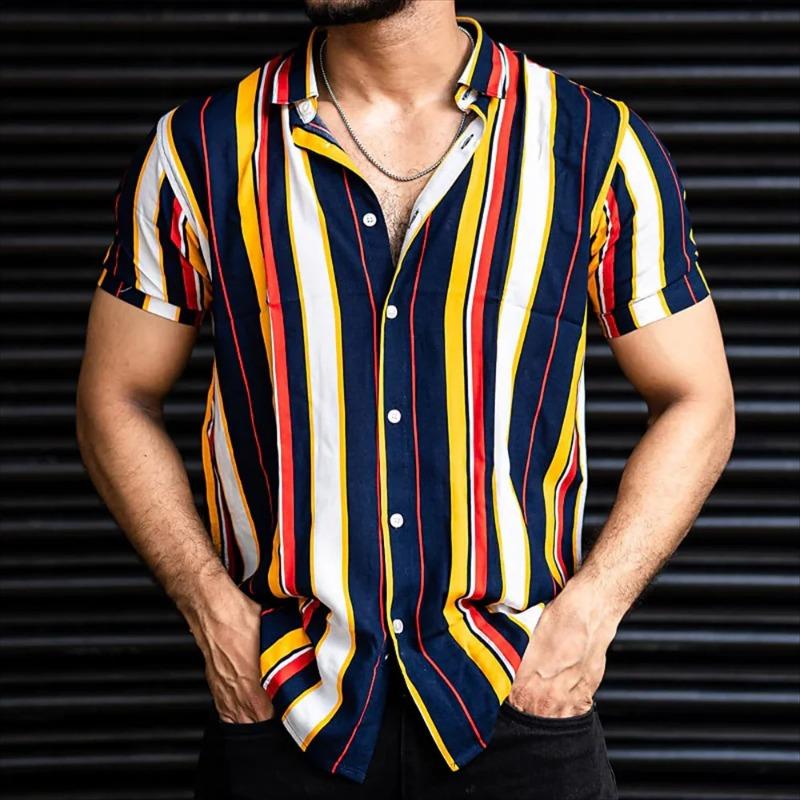 Summer Casual Mens Striped Short Sleeve Shirt Hawaiian Style